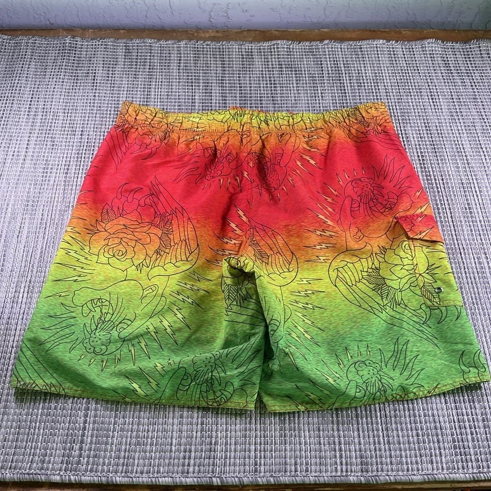 Ed Hardy Mens Rasta Gradient Board Shorts Tattoo Print Swim Trunks XL DS0898